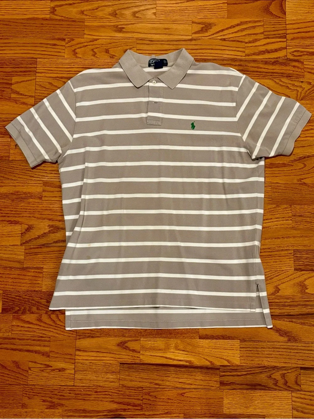 Ralph Lauren Men’s Grey & White Striped Polo with Green Pony